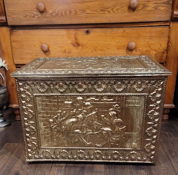 KING BOX アルミ製 収納ボックス パンケース 古道具 昭和レトロ Embossed Brass Covered Wood Kindling Box: Huge Vintage Firewood