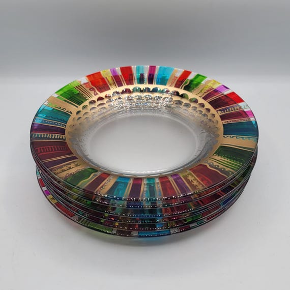 Pier 1 Festive Rainbow Gold Glass Striped Edge Salad Plates Set