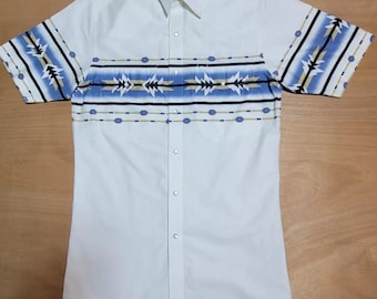 Real Ranch Western Denim Shirt Mens S Aztec Cotton Pockets Classic Pearl Snap