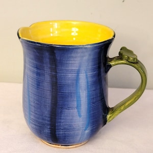 Vintage Pottery Coffee Cup Mug Blue Yellow Signed Studio Pottery