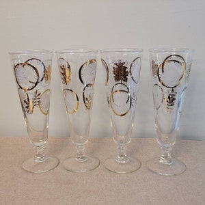 Vintage  Gold & White Etched Leaf Pilsner Glasse Barware Set of 4 MCM 1960s
