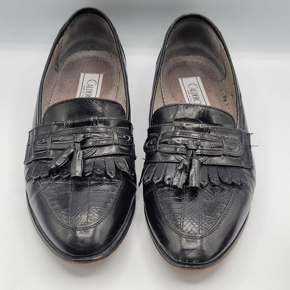 Vintage Italian Leather Tassel Loafers Mens Size 44 Black Dress Shoes Classic Menswear