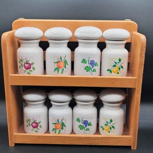 Vintage Spice Rack Wood Two Tier Ceramic Jars Set 8