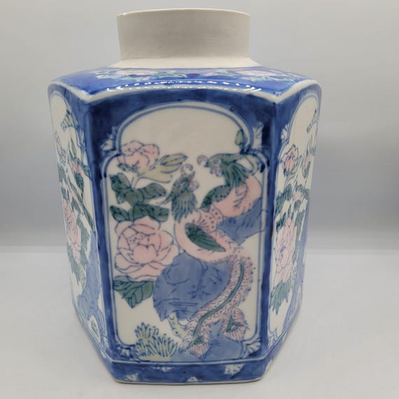 ヴィンテージ中国製花瓶 花柄 六角形 手描き 8.5インチ 刻印あり