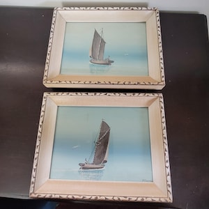 Pintura emoldurada vintage Carter, veleiro na água, céu, pássaros, navio, aquático, mar
