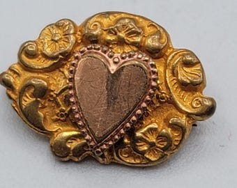Gold Filled Flower Design Signet Heart Shape Brooch Pin 1880's Victorian