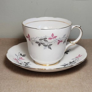 Vintage Tea cup and Saucer Fine China England Pink Grey Flowers