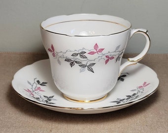 Vintage Tea cup and Saucer Fine China England Pink Grey Flowers