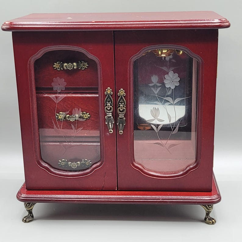 Vintage Jewelry Box Wooden Glass Door Brass Handle Ring Necklace