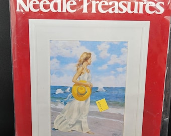 Artesanía de lana con escena playera de los años 80 de Needle Treasures, nueva artesanía de punto de aguja de 12 x 16 pulgadas