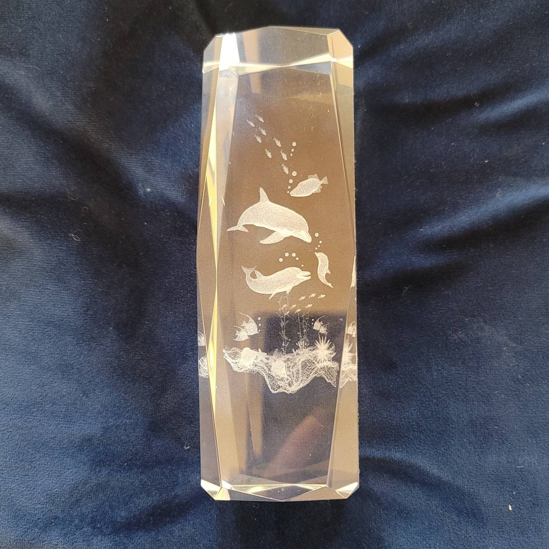 Lead Crystal Paperweight Laser Etched Dolphin Tropical Decor Etsy