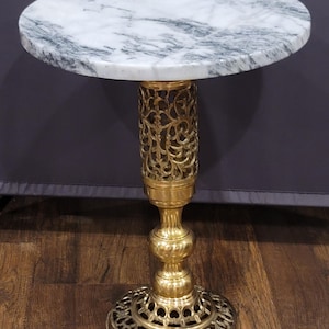 Vintage Reticulated BrassCarrara Marble-Top Table Plant Stand Side Accent Table