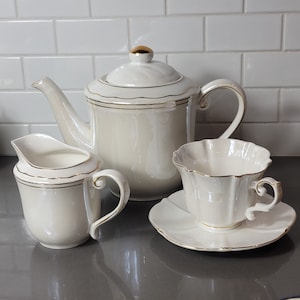 Vintage Teapot  Creamer and Teacup Mother of Pearl Off White