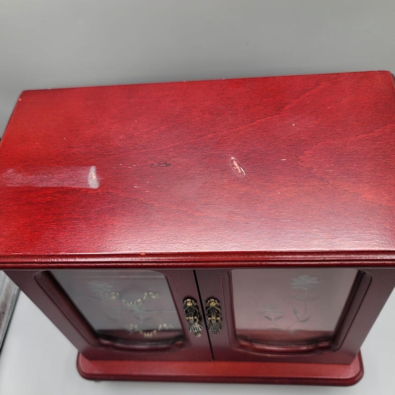 Vintage Jewelry Box Wooden Glass Door Brass Handle Ring Necklace