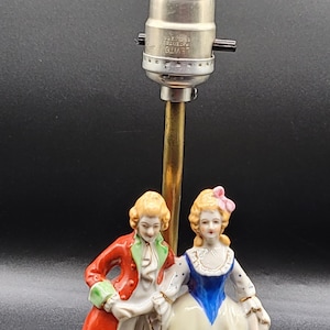 Antique French Victorian Lamp Porcelain Figural Man and Woman Brass Lamp 13&quot;