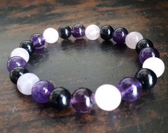 Beaded Bracelets Genuine Natural Black Tourmaline, Amethyst, Rose Quartz