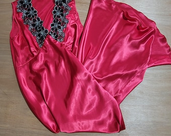 Camisón largo vintage para mujer, rojo, talla pequeña/mediana, satén, encaje floral, sexy, luna de miel, RARO