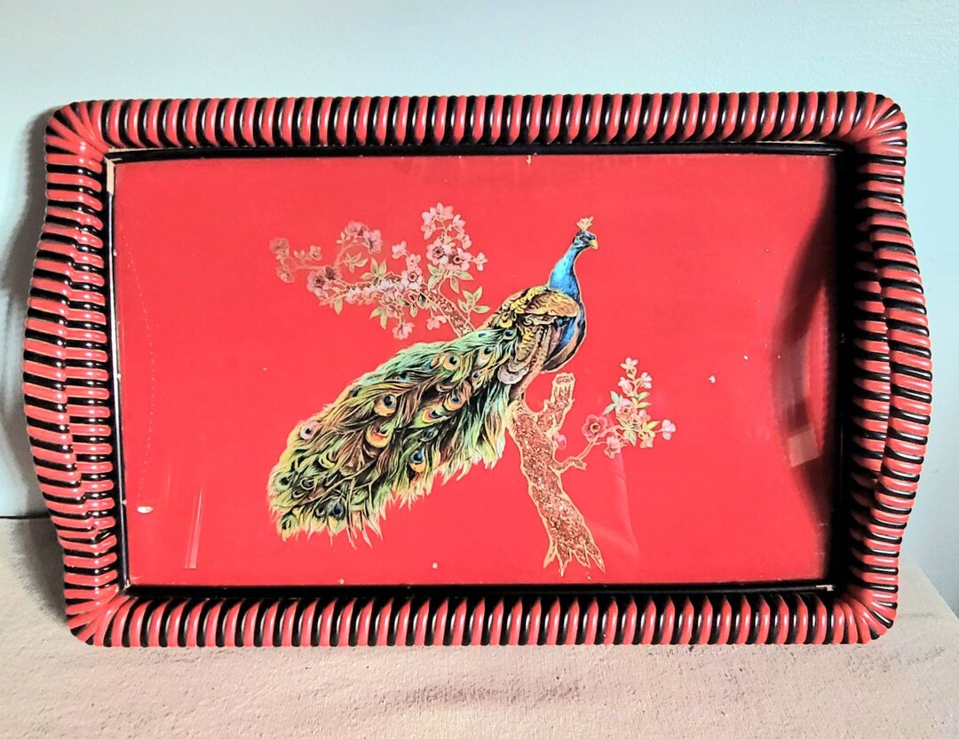 Vintage Peacock Serving Tray Made in Germany Glass Top Etsy