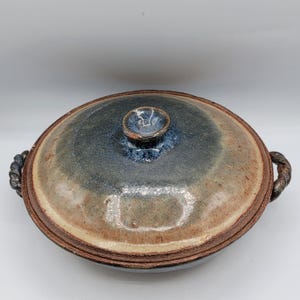 Vintage Glazed Pottery Pot Serving Bowl with Lid Casserole Dish Blue Brown Signed by Artist