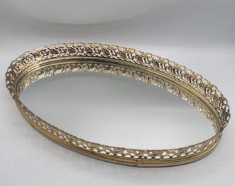 Victorian Mirror Tray, Vintage Oval Gold Plated Ornate Mirror Tray, Mirror Vanity Tray,  Ornate Vanity Tray 11 inch