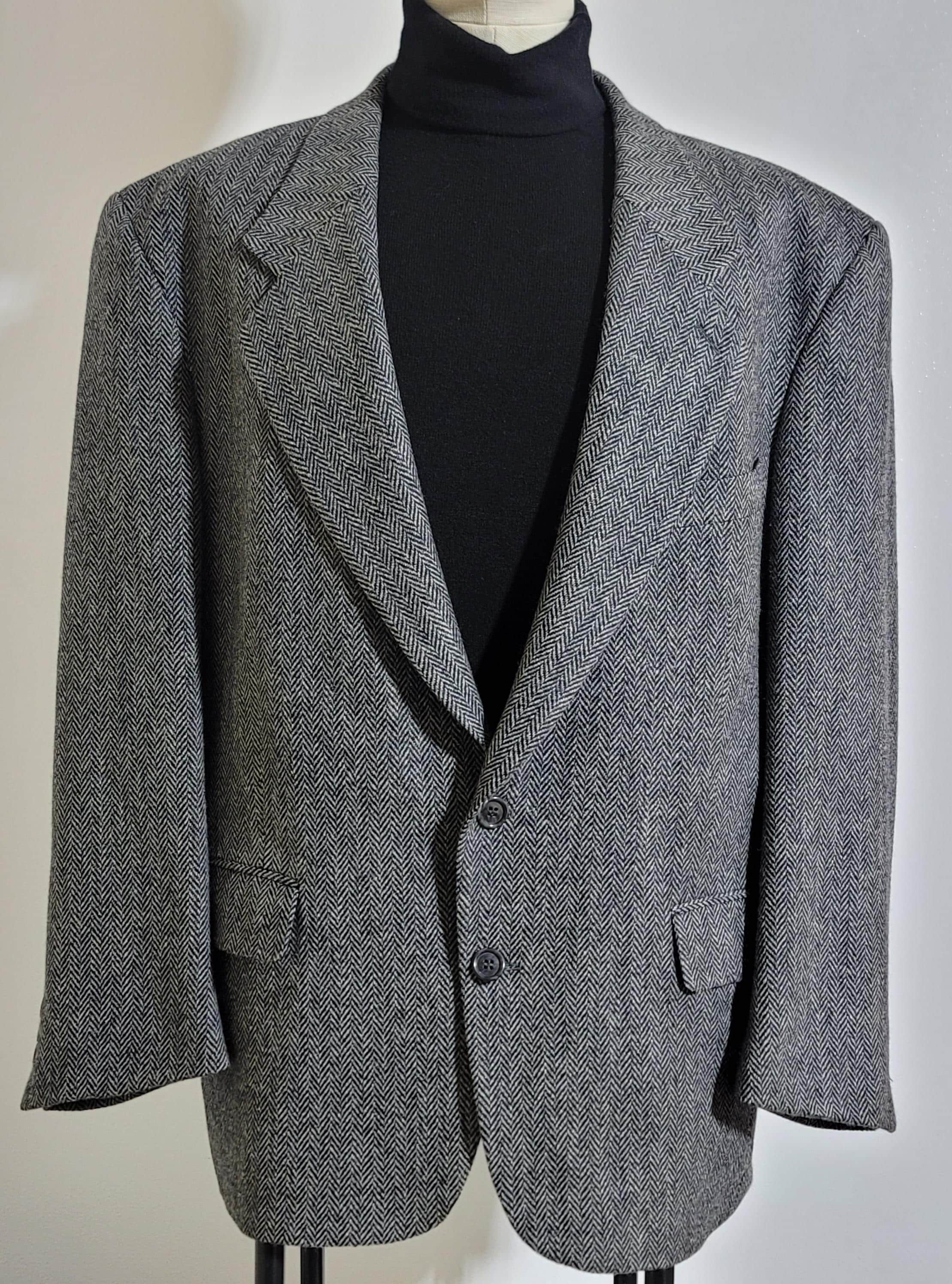 Veste Vintage Gris/noir Rosette Tweed à Chevrons Col Velours - Taille 38 (14), Très Bon état