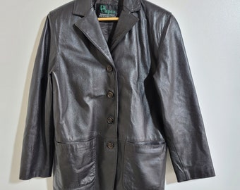 Vintage Black Leather Jacket Womens 3/4 Length Medium Large Classic Coat