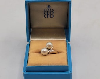 BIRKS 14k Vintage Cultured Pearl Bypass Pearl & Diamond Ring Size 6.5