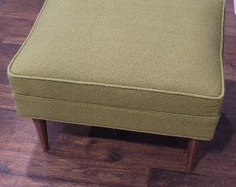 MCM Ottoman Textured Olive Green Fabric Tapered Walnut Legs