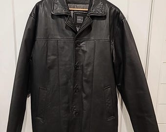 Vintage Herren Ledermantel Größe Groß Schwarz Gefüttert Gesteppter Peacoat