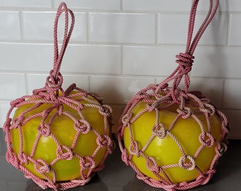 Authentic Fisherman Buoy and Small Piece of Fishing Net. Two Buoy Attached  by Rope and Fishing Net. Great Display Item 