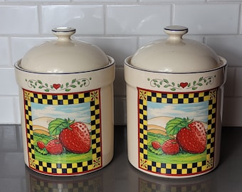 Boîtes de rangement vintage en céramique fraise : rangement pour la cuisine champêtre