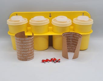 Vintage Yellow Tupperware Salt Pepper Spice Shakers Set 4  Hanging Rack NOS