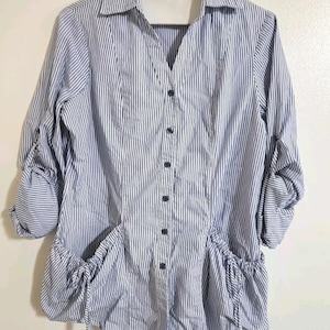 Vintage Striped Shirt Tunic Blue Strip Size 8 Pockets Long Sleeve Roll Sleeve