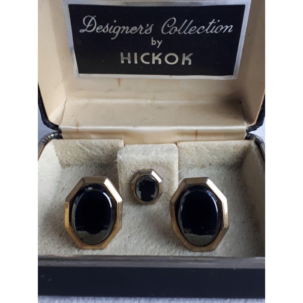 Vintage Onyx Cuff Links and Tie Pin 1930s by Hickok