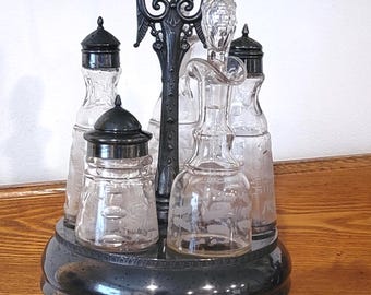 Antique Cruet Set Glass Bottles with Black Metal Stand Victorian Style Condiment Server Table Decor