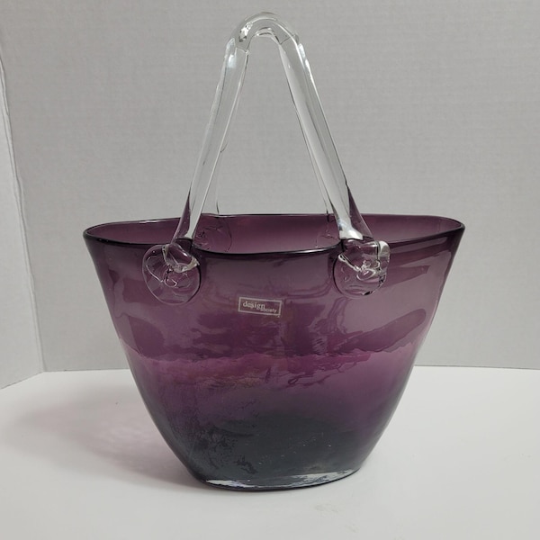 AMETHYST Mundgeblasene Kunstglas Geldbörse Handtasche Vase Klarer Griff Korb Deep Purple Design Society