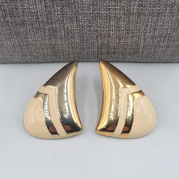 Vintage Enamelware Cream On Earrings Gold Tone MCM