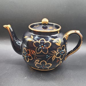 VTG Black & Gold Price Bros Teapot Hand-painted Floral Made in England