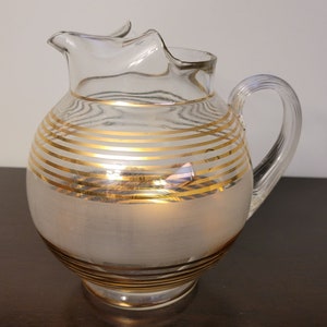 Vintage Pitcher Gold Strip Frost Glass 1950s