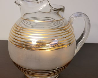 Vintage Pitcher Gold Strip Frost Glass 1950s