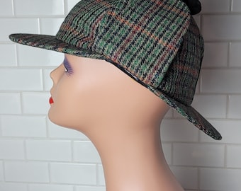 Deerstalker Sherlock Holmes Hat Green Houndstooth Tweed