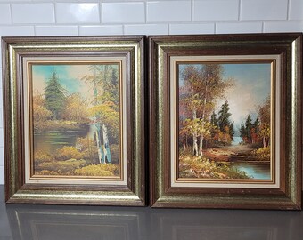 Vintage Autumn landscape river landscape oil painting on canvas birch trees over water Framed Wall Art signed