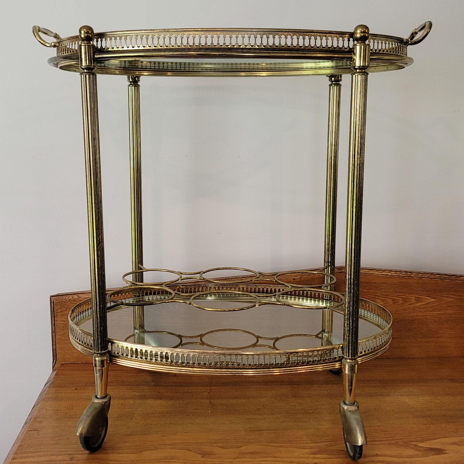 French Brass Server Oval Two Tier Service Trolley Bar Cart on Castors ...
