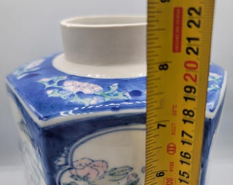 ヴィンテージブルー六角形花瓶、高さ8.5インチのセラミック花瓶、底面