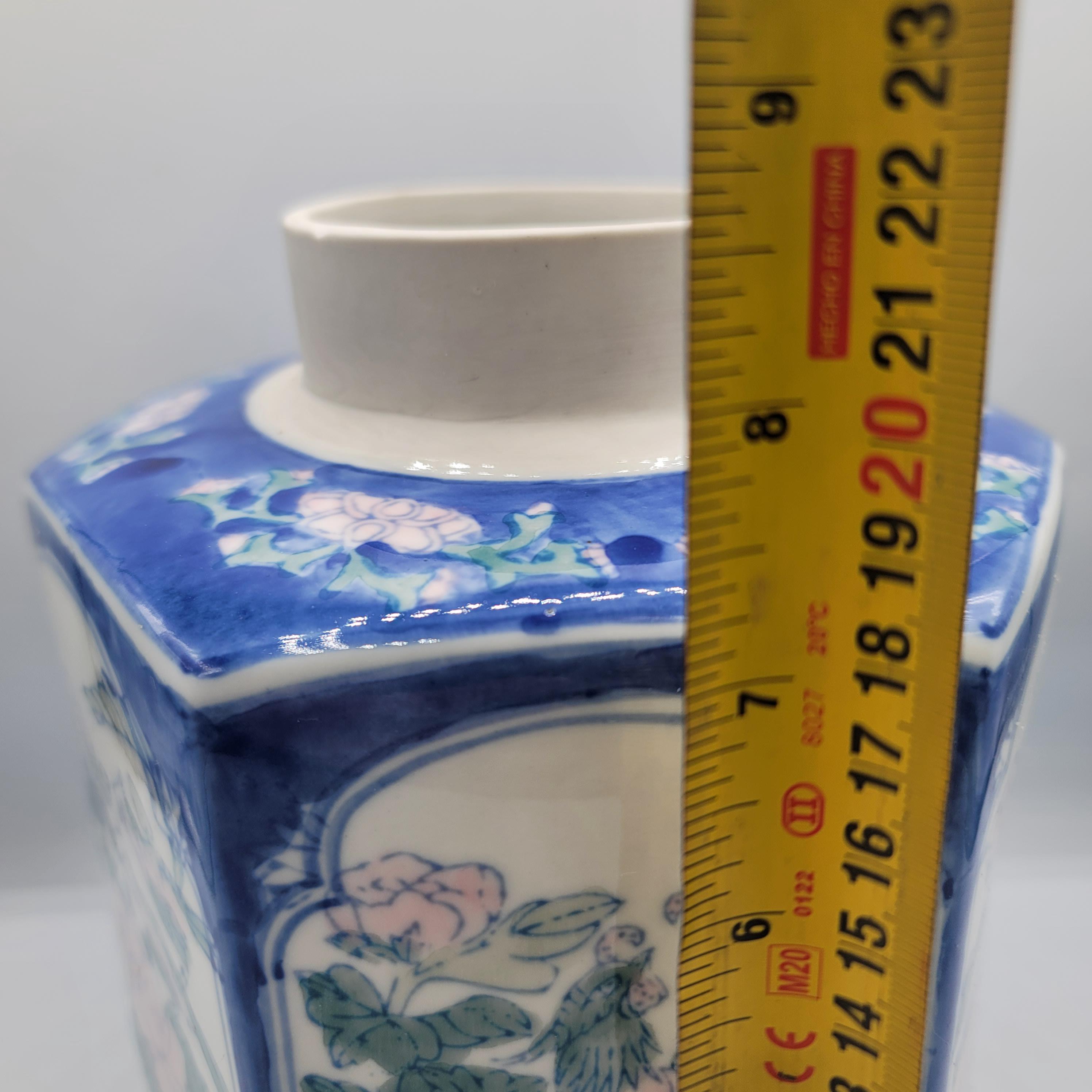 ヴィンテージ中国製花瓶 花柄 六角形 手描き 8.5インチ 刻印あり