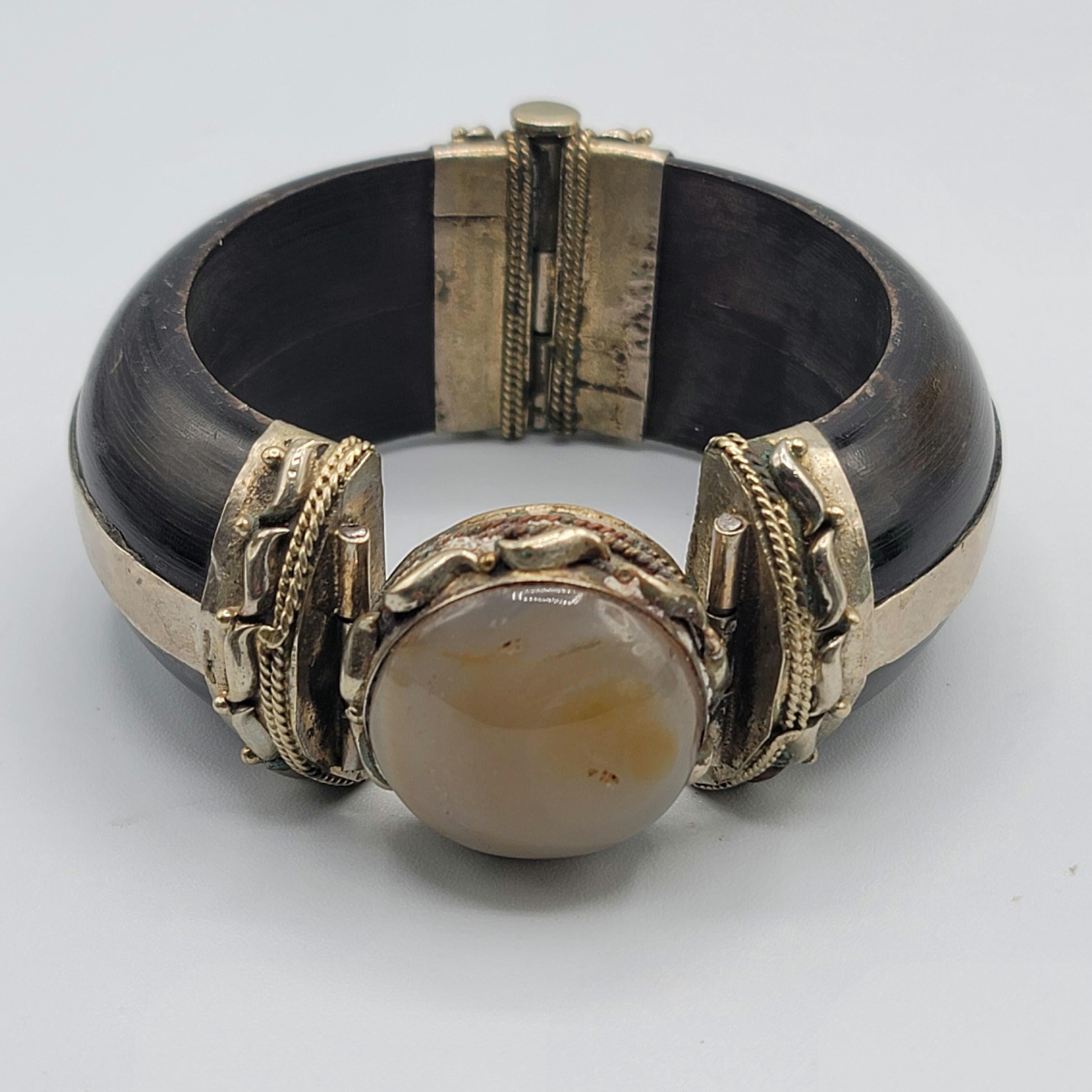 Vintage Agate Brass Wood Bangle Bracelet Pin Closure