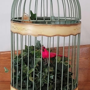 Vintage Victorian Style Bird Cage House Plastic Vines Decorative Birds Green