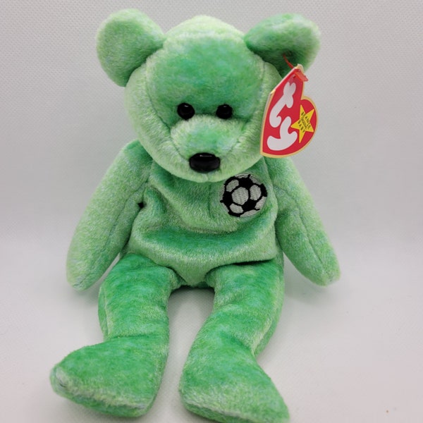 TY Kicks Beanie Baby Plush Toy, Retired Collection TY Beany, Green Soccer Teddy Bear Toy