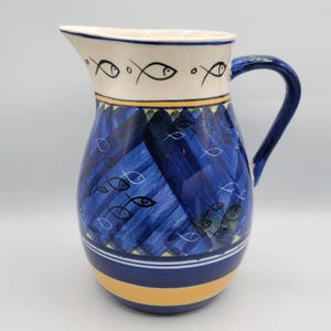 Vintage Ceramic Water Pitcher Jug Hand Painted Fish Design