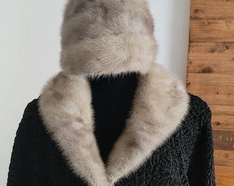 Abrigo largo persa de cordero vintage con cuello de visón y piel negra de Karakul Astrakhan.